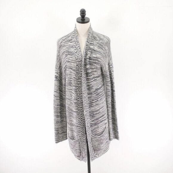 Express White Black Heather Knit Open Cardigan Sweater Large Pockets Acrylic Cot - Picture 1 of 11